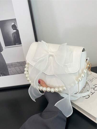 Mini Square Bag Bow & Faux Pearl Decor Flap For Daily, Perfect Valentine's Day Gift For Her, Best Valentine's Gift Choice Ever, Fashionable Bow Purse For Women