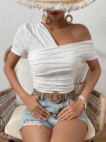 SHEIN VCAY 不對稱領網眼刺繡T恤