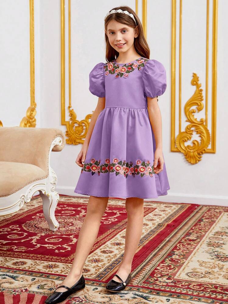 SHEIN רוכסן אפליקציות קשר אחורי פרחוני מסיבה שמלה לבנות - סגול לילך - ראה 6