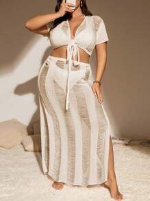 SHEIN Swim Curve Plus Knot Front Cover Up Set Without Bikini - Apricot - View 1