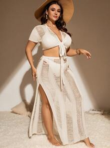 SHEIN Swim Curve Plus Knot Front Cover Up Set Without Bikini - Apricot - View 3