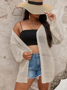 SHEIN Unity Plus Size Pointelle Knit Drop Shoulder Cardigan - Apricot - View 1