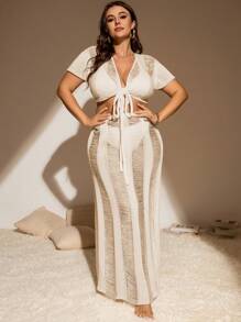 SHEIN Swim Curve Plus Knot Front Cover Up Set Without Bikini - Apricot - View 4