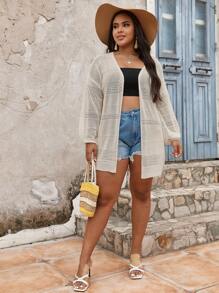 SHEIN Unity Plus Size Pointelle Knit Drop Shoulder Cardigan - Apricot - View 3