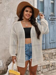 SHEIN Unity Plus Size Pointelle Knit Drop Shoulder Cardigan - Apricot - View 6