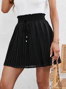 SHEIN Frenchy 抽繩紙袋腰百褶半身裙 - 黑色 - 查看 1