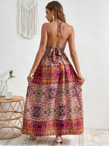 SHEIN VCAY Ditsy Floral Print Tie Backless Halter Dress - Multicolor - View 3