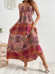 SHEIN VCAY Ditsy Floral Print Tie Backless Halter Dress - Multicolor - View 5