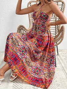 SHEIN VCAY Ditsy Floral Print Tie Backless Halter Dress - Multicolor - View 6