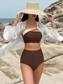 DAZY Bikini de bloque de color con un solo hombro, verano playa - Marrón - Ver 7