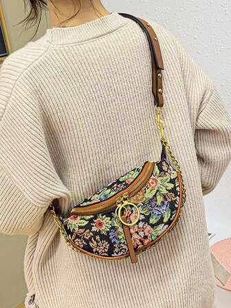 小腰包花朵圖案鏈條裝飾適用於日常