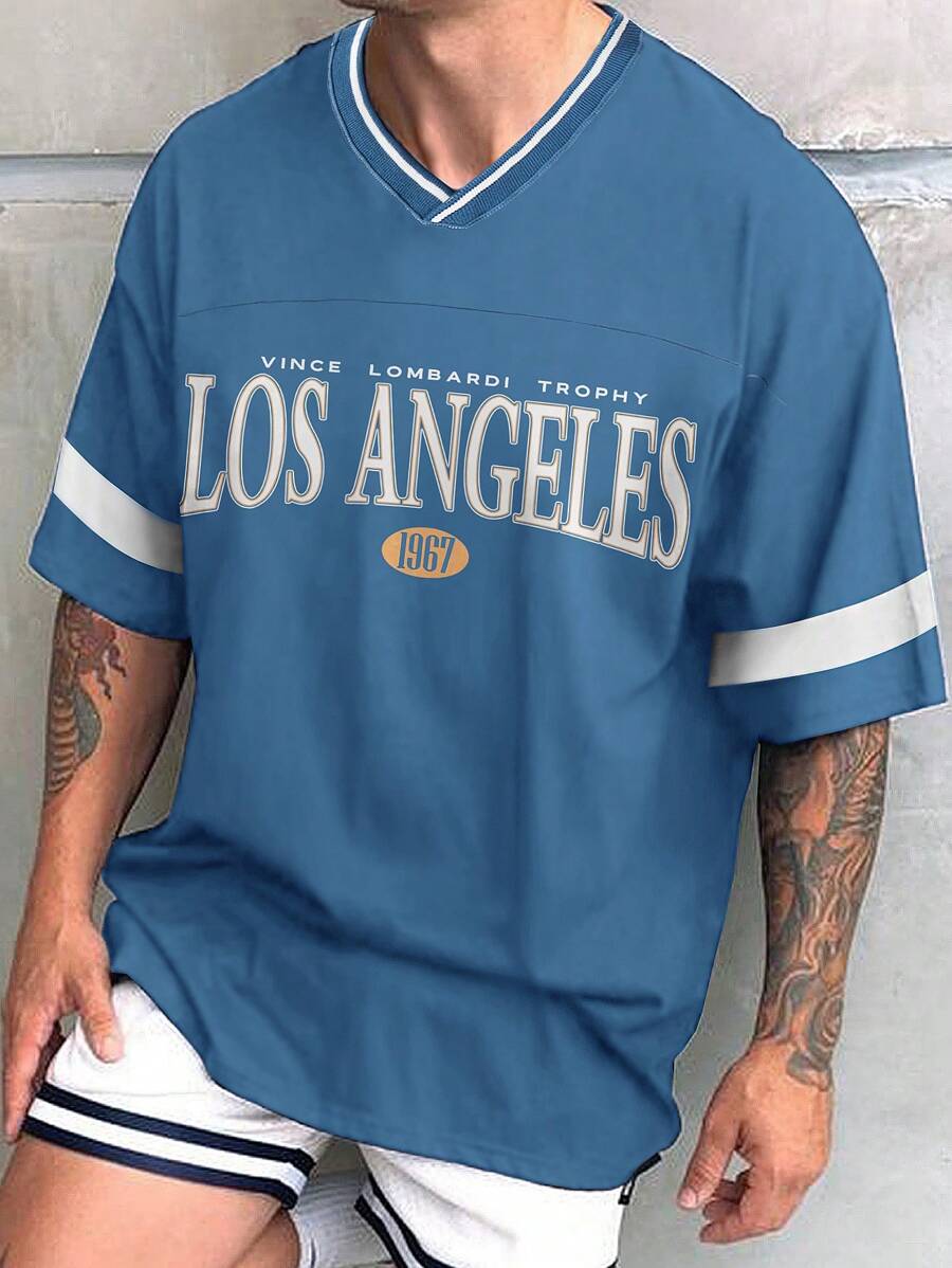 Manfinity Campus Court Áo thun nam họa tiết tương phản chữ thả vai - Màu xanh lam - Xem 1