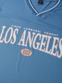 Manfinity Campus Court Áo thun nam họa tiết tương phản chữ thả vai - Màu xanh lam - Xem 4