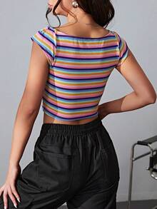 SHEIN Qutie 條紋印花雞心領口短款T恤 - 彩色 - 查看 2