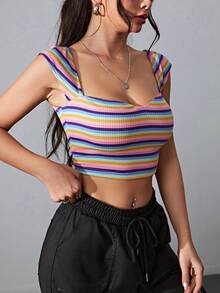 SHEIN Qutie 條紋印花雞心領口短款T恤 - 彩色 - 查看 4