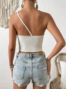 SHEIN VCAY One Shoulder Guipure Lace Panel Crop Knit Top - Apricot - View 2