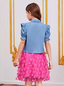 SHEIN Girls Ruffle Trim Puff Sleeve Shirt & Appliques Mesh Skirt - Multicolor - View 3