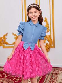 SHEIN Girls Ruffle Trim Puff Sleeve Shirt & Appliques Mesh Skirt - Multicolor - View 4