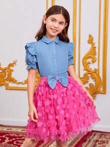 SHEIN Girls Ruffle Trim Puff Sleeve Shirt & Appliques Mesh Skirt - Multicolor - View 5