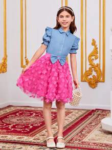 SHEIN Girls Ruffle Trim Puff Sleeve Shirt & Appliques Mesh Skirt - Multicolor - View 7