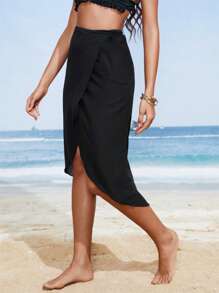 SHEIN Swim Summer Beach Plain Tie Side Chiffon Cover Up - Black - View 3
