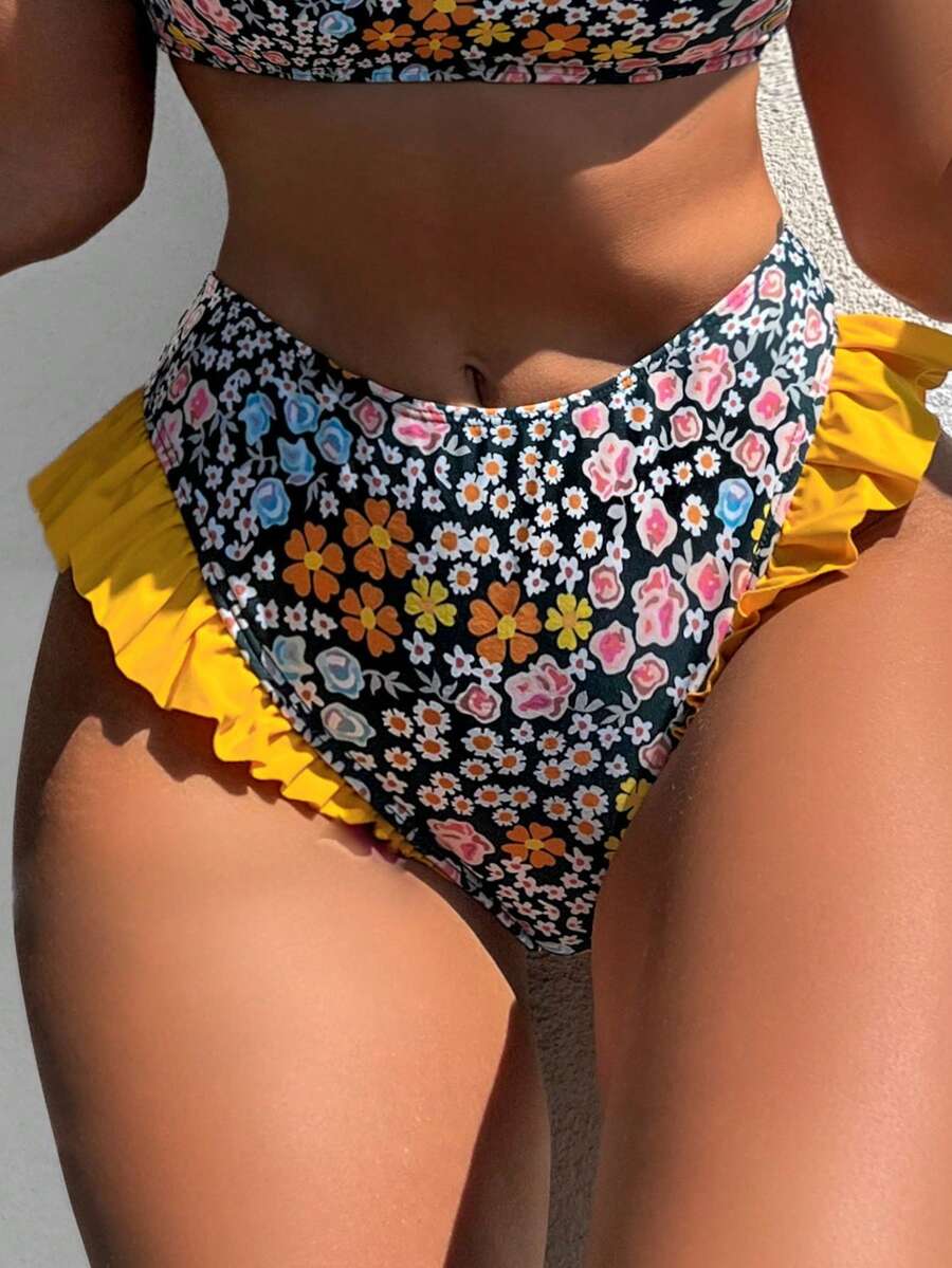Floral Print Ruffle Trim Bikini Bottom - Multicolor - View 1