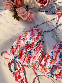 印花打褶掛脖三角杯比基尼泳裝 - 彩色 - 查看 5