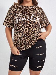 SHEIN LUNE Plus Leopard & Letter Graphic Tee & Biker Shorts - Multicolor - View 1