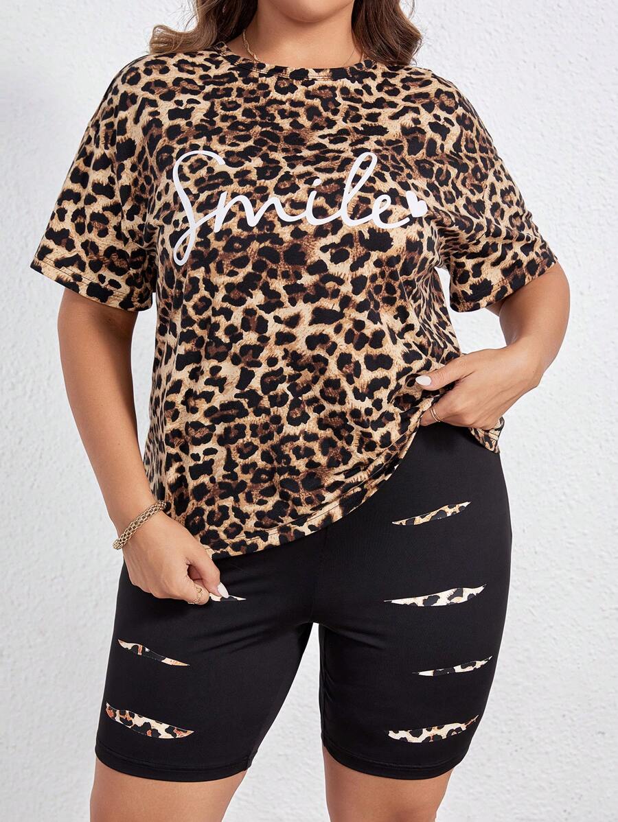 SHEIN LUNE Plus Leopard & Letter Graphic Tee & Biker Shorts - Multicolor - View 1