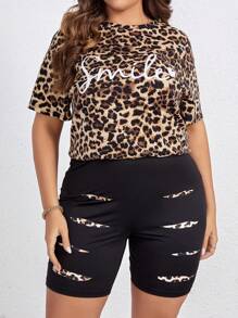 SHEIN LUNE Plus Leopard & Letter Graphic Tee & Biker Shorts - Multicolor - View 3