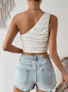 SHEIN VCAY 單肩側收褶短款上衣 - 白色 - 查看 2