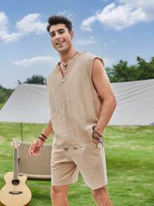 Manfinity VCAY Loose Fit Men Cotton Short Sleeve Top And Shorts Set - Khaki - View 6