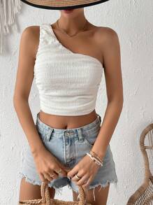 SHEIN VCAY 單肩側收褶短款上衣 - 白色 - 查看 5