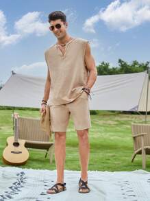 Manfinity VCAY Loose Fit Men Cotton Short Sleeve Top And Shorts Set - Khaki - View 5