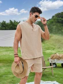 Manfinity VCAY Loose Fit Men Cotton Short Sleeve Top And Shorts Set - Khaki - View 7
