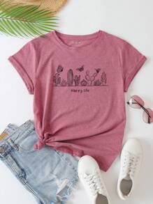 INAWLY Cactus And Butterfly Print Tee - Dusty Pink - View 1