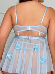 Plus Floral Lace Appliques Mesh Underwire Garter Lingerie Set - Baby Blue - View 2