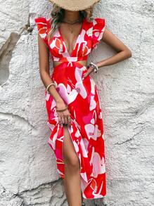 Breezaya Floral Print Ruffle Trim Cut Out Waist Dress - Red - View 1
