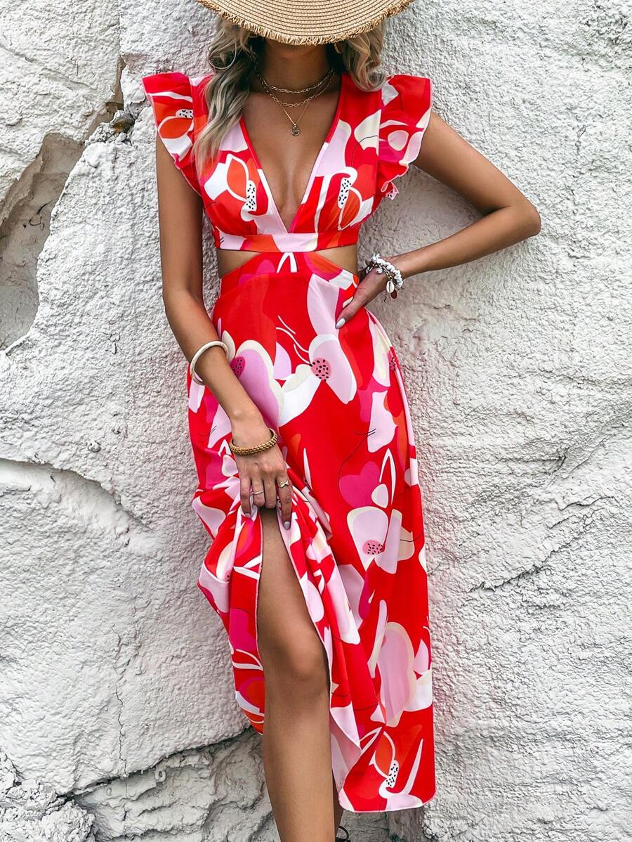 Breezaya Đầm Cắt ra Xù Hoa Tất cả trên in Boho - Đỏ - Xem 1