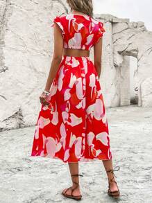 Breezaya Floral Print Ruffle Trim Cut Out Waist Dress - Red - View 2