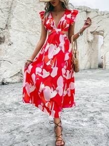 Breezaya Floral Print Ruffle Trim Cut Out Waist Dress - Red - View 3