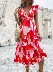 Breezaya Floral Print Ruffle Trim Cut Out Waist Dress - Red - View 6