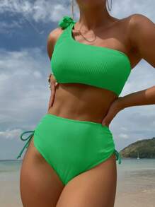 Rib One Shoulder High Waisted Bikini Set For Summer Beach - Green - View 1