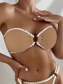 Whip Stitch Ring Linked Bandeau Bikini Top - Khaki - View 2