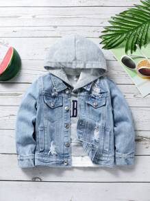 Young Boy Ripped Flap Detail Denim Jacket Without Hoodie - Light Wash - View 1