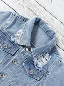 Young Boy Ripped Flap Detail Denim Jacket Without Hoodie - Light Wash - View 3