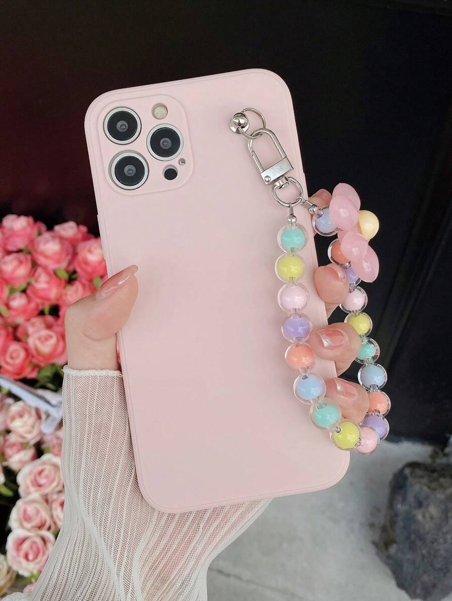 素色手機殼帶花朵設計串珠手機掛繩 - 粉色 - 查看 1