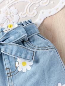 嬰兒印花紙袋腰毛邊牛仔半身裙 - 淺色水洗藍 - 查看 5
