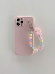 素色手機殼帶花朵設計串珠手機掛繩 - 粉色 - 查看 3