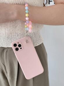 素色手機殼帶花朵設計串珠手機掛繩 - 粉色 - 查看 5